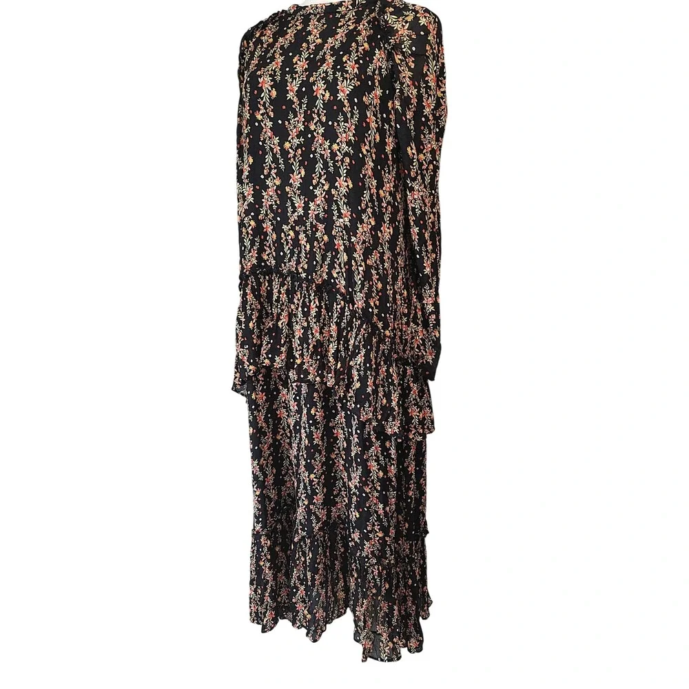 ZARA Black Floral Print Tiered Maxi Dress Puff Sleeve Ruffle High Neck - Picture 4 of 10